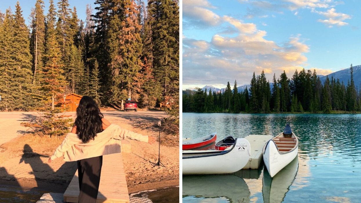 Person by a lake. Right: A lake.