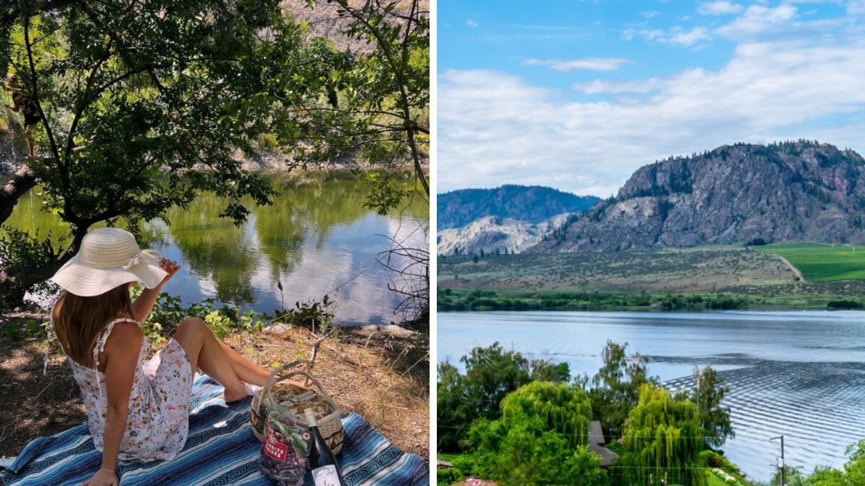 Person by a lake. Right: A lake.