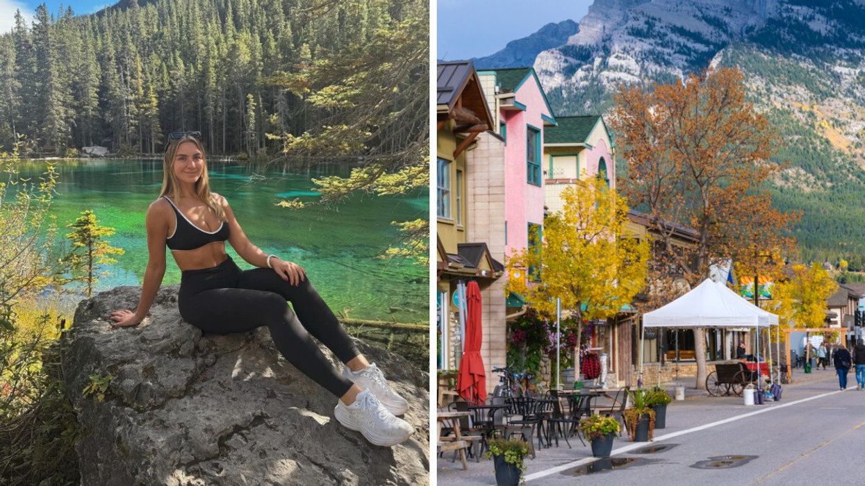 Person by a lake. Right: A street in a small town.