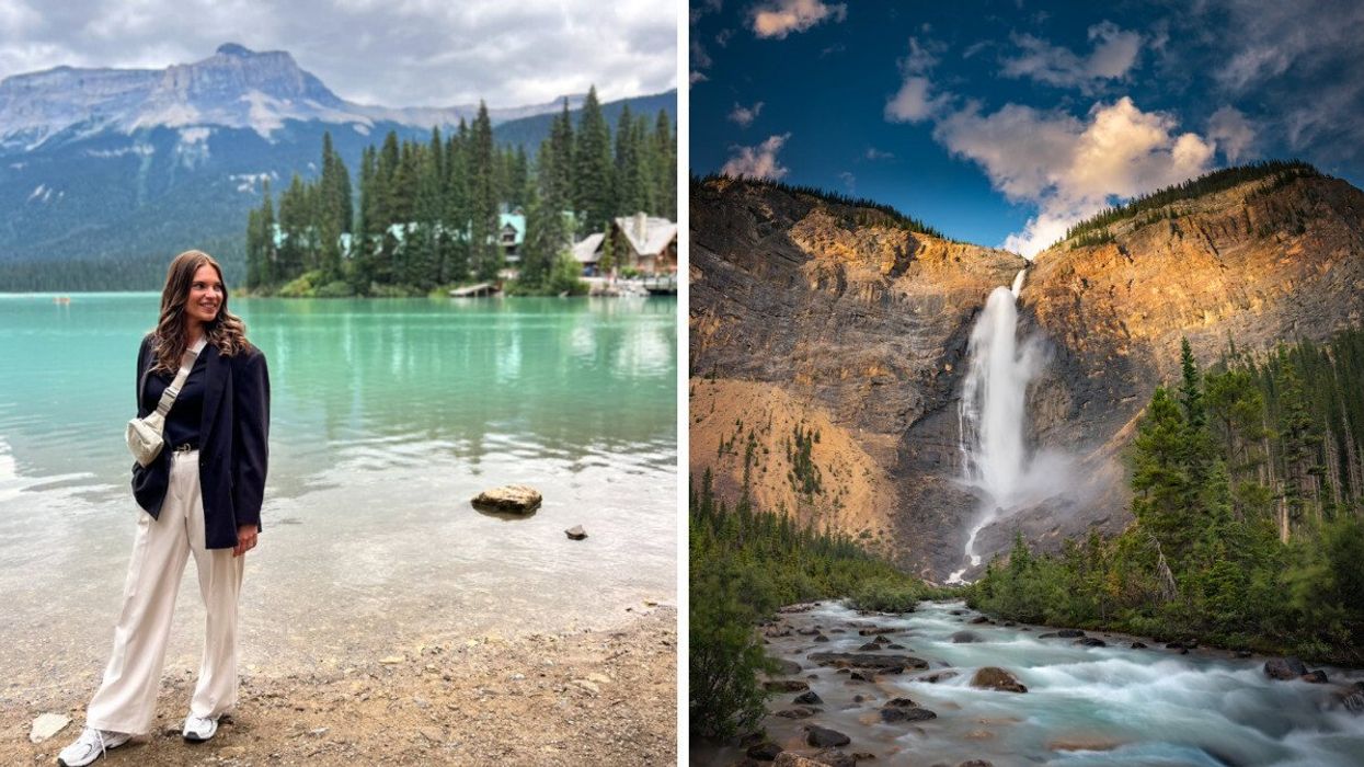 Person by a lake. Right: A waterfall.