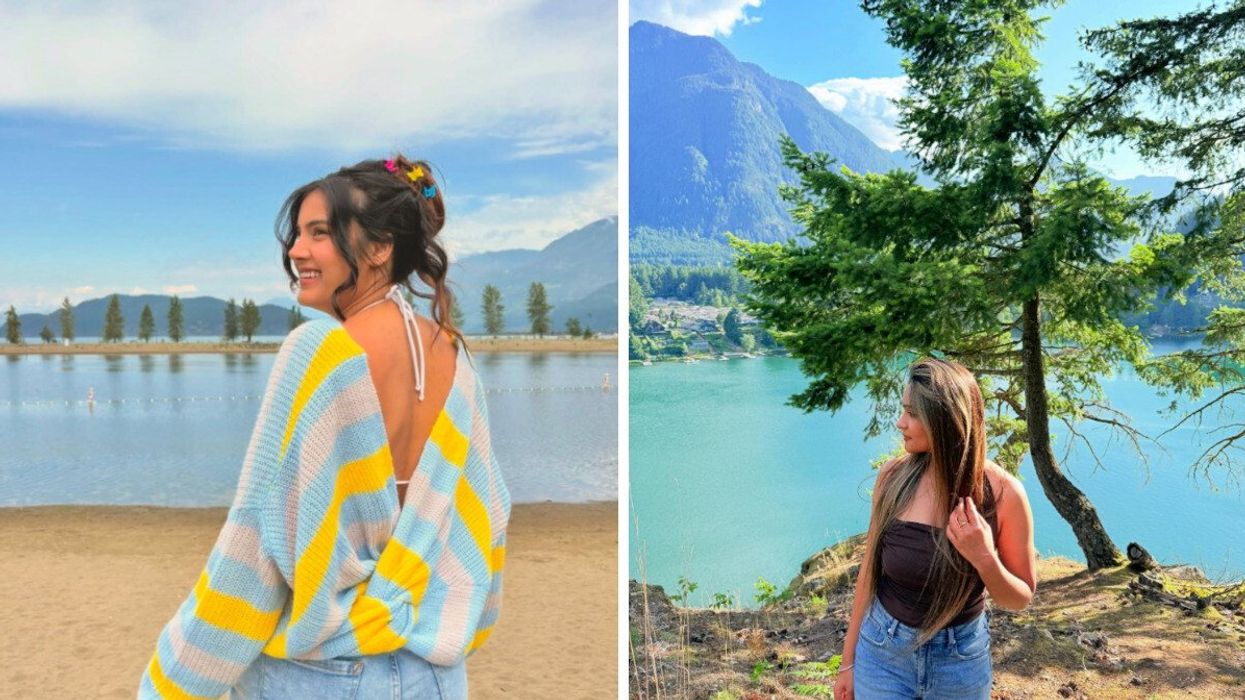 Person by a lake. Right: Someone on a trial.