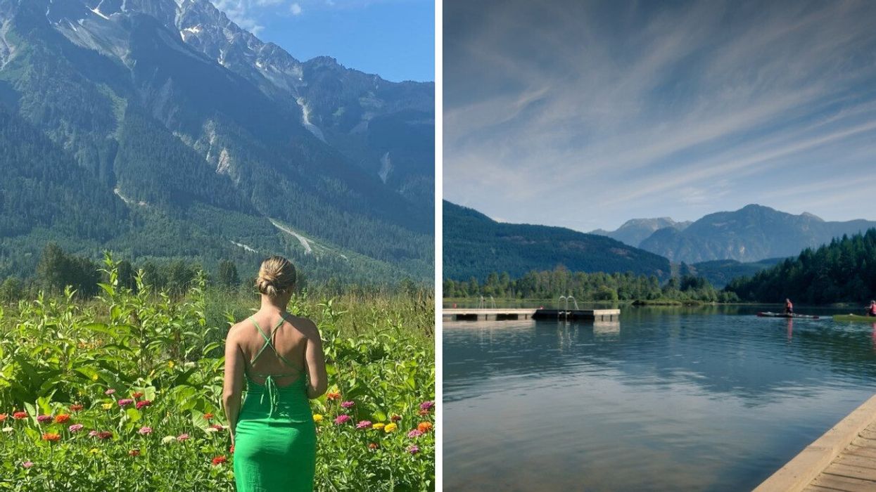 Person by a mountain. Right: A lake wiht mountains in the distance.