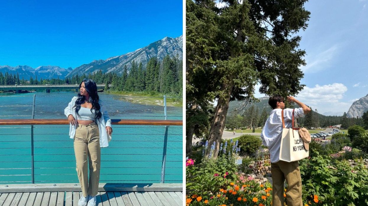 Person by a river. Right: Person in a garden.