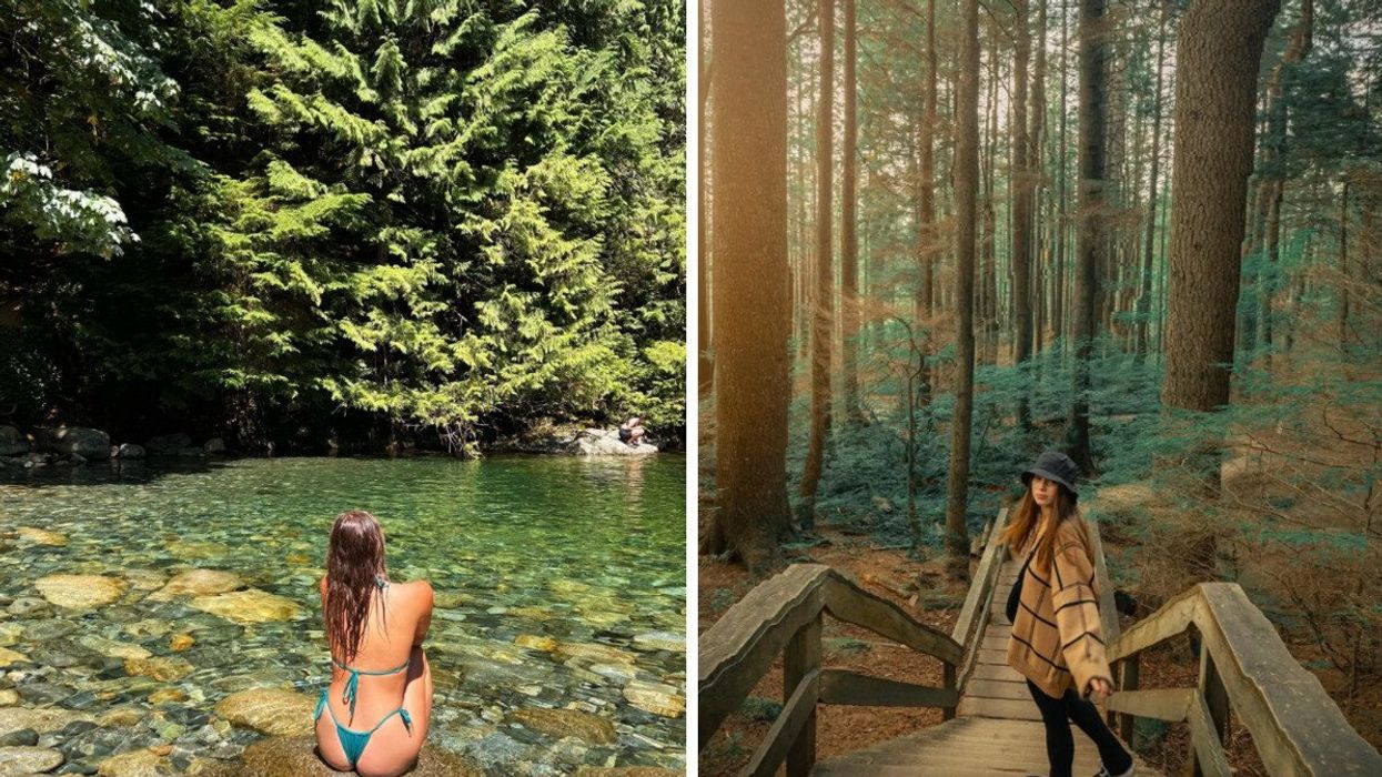 Person by a swimming hole. Right: A hiking trail.