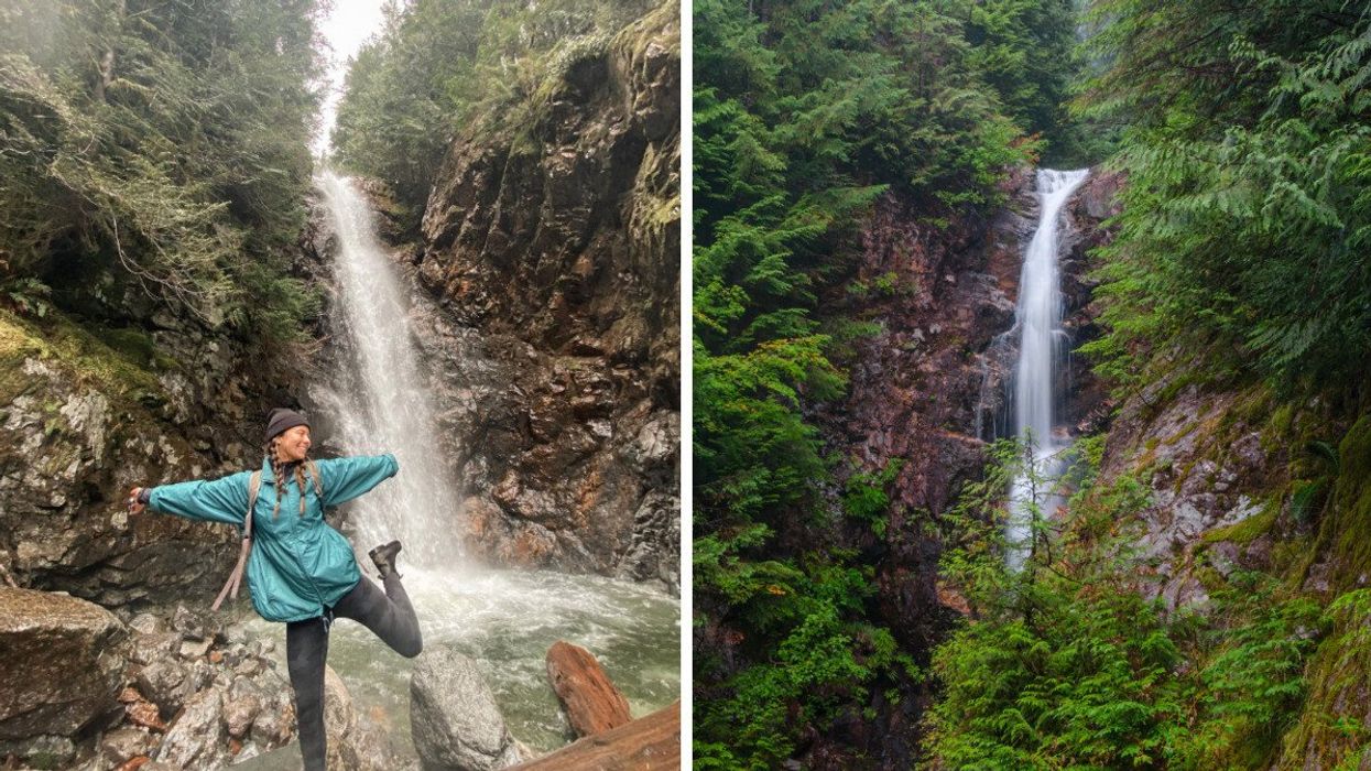 Person by a waterfall. Right: A waterfall in the woods.