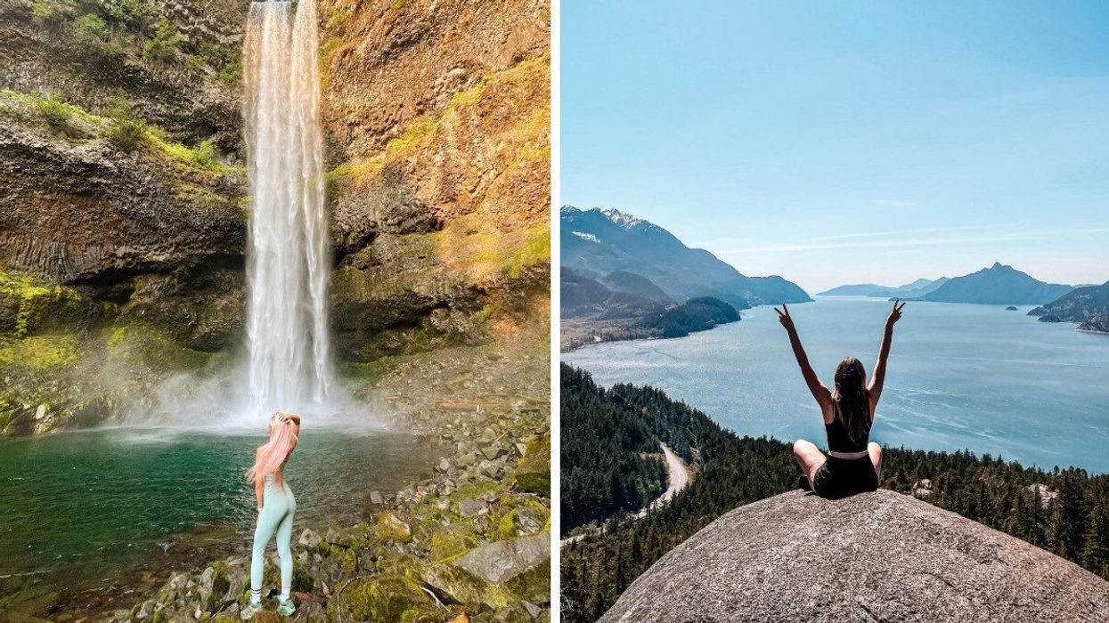 Person by a waterfall. Right: Someone on a hike overlooking the water.