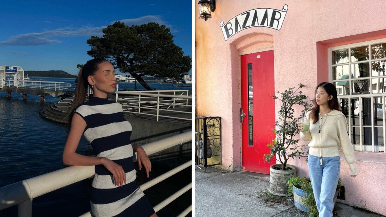 Person by a waterfront. Right: A person at a coffee shop.