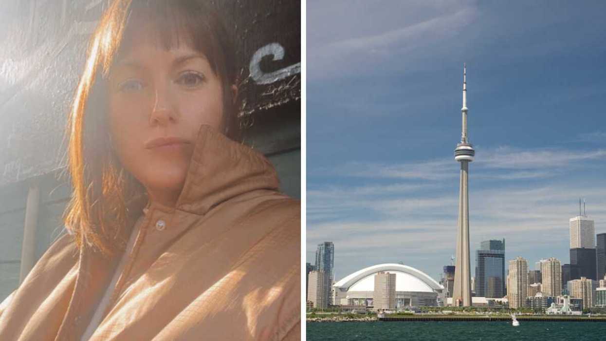 Person by an art mural. Right: Toronto city skyline.