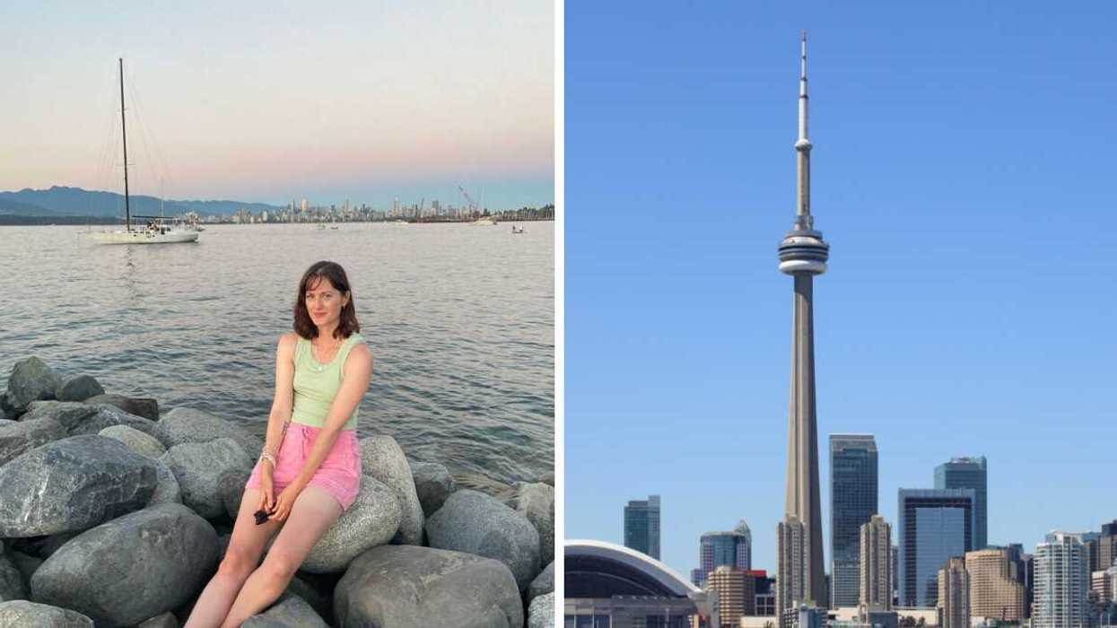 Person by th waterfront. Right: The city of Toronto.
