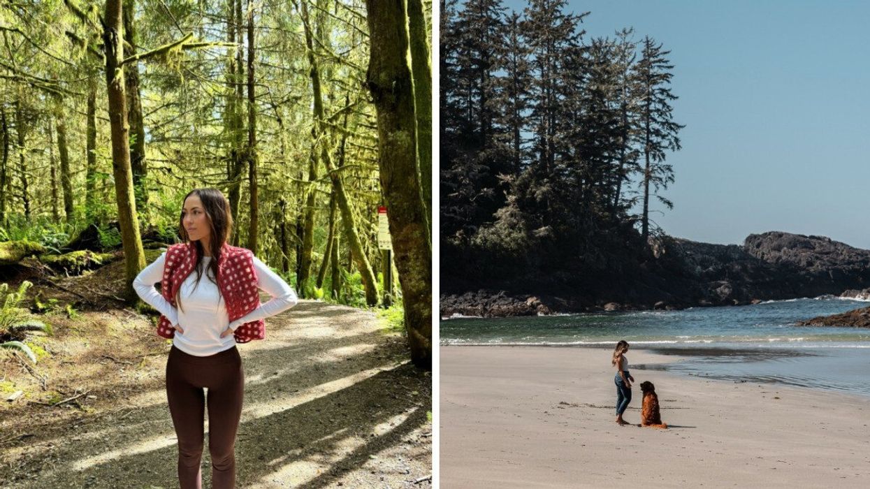 Person by the ocean. Right: A beach.