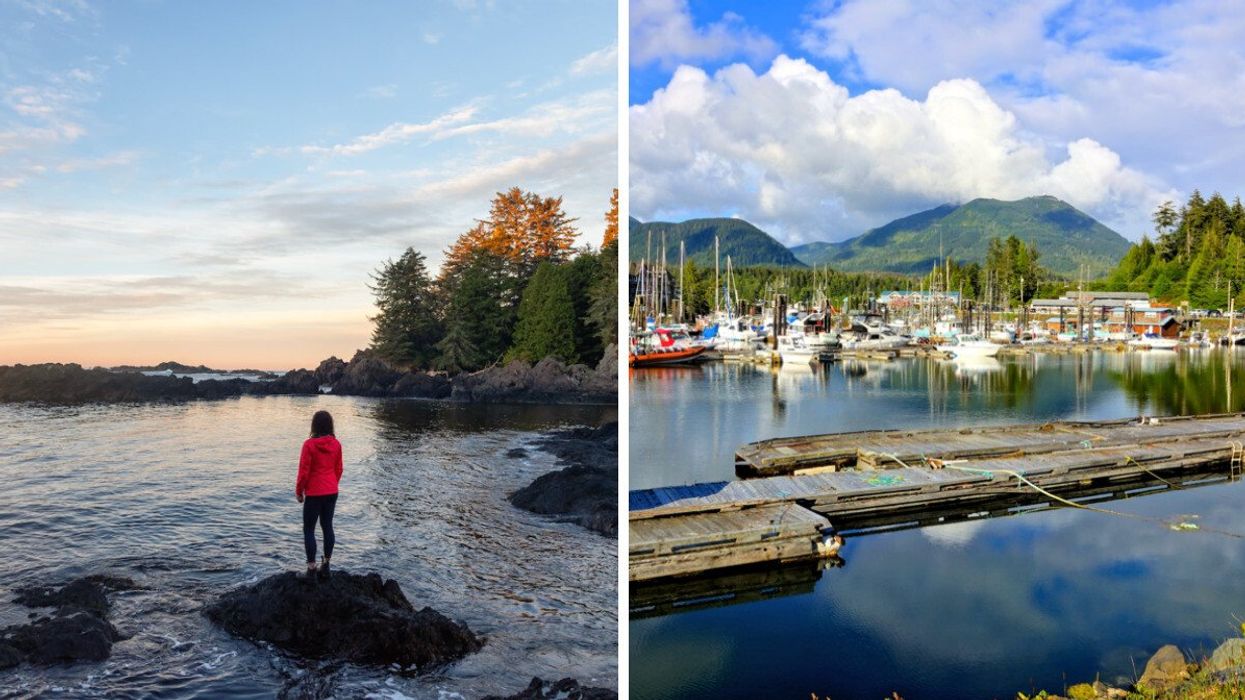Person by the ocean. Right: A harbour.