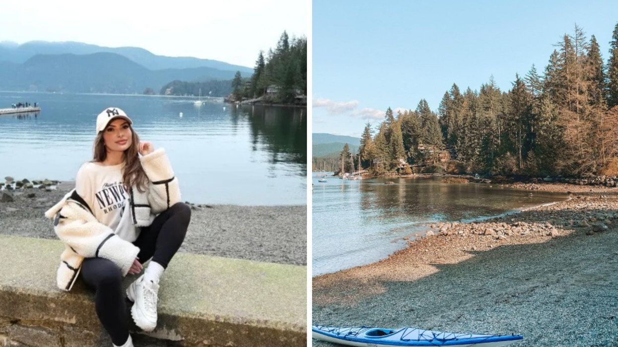 Person by the water. Right: A beach.