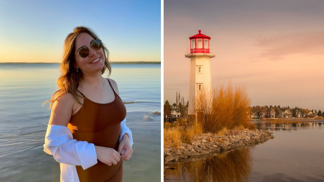 Person by the water. RIght: A lighthouse.