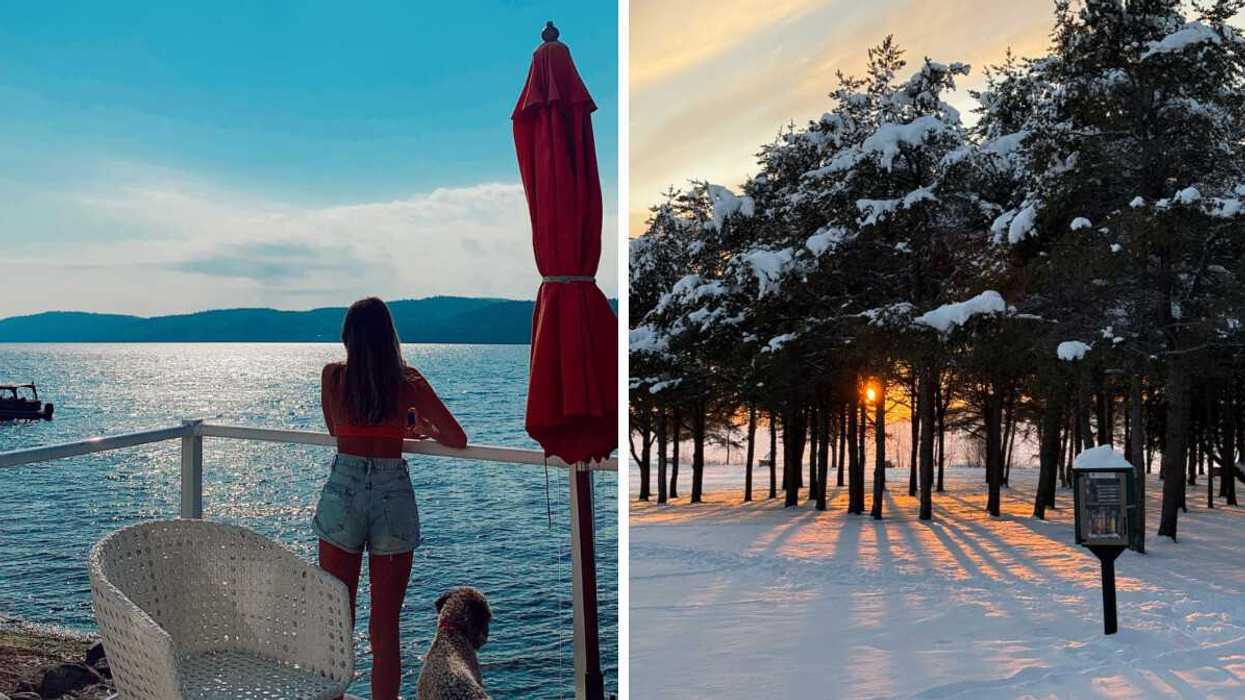 Person by the water. Right: A park at sunset.