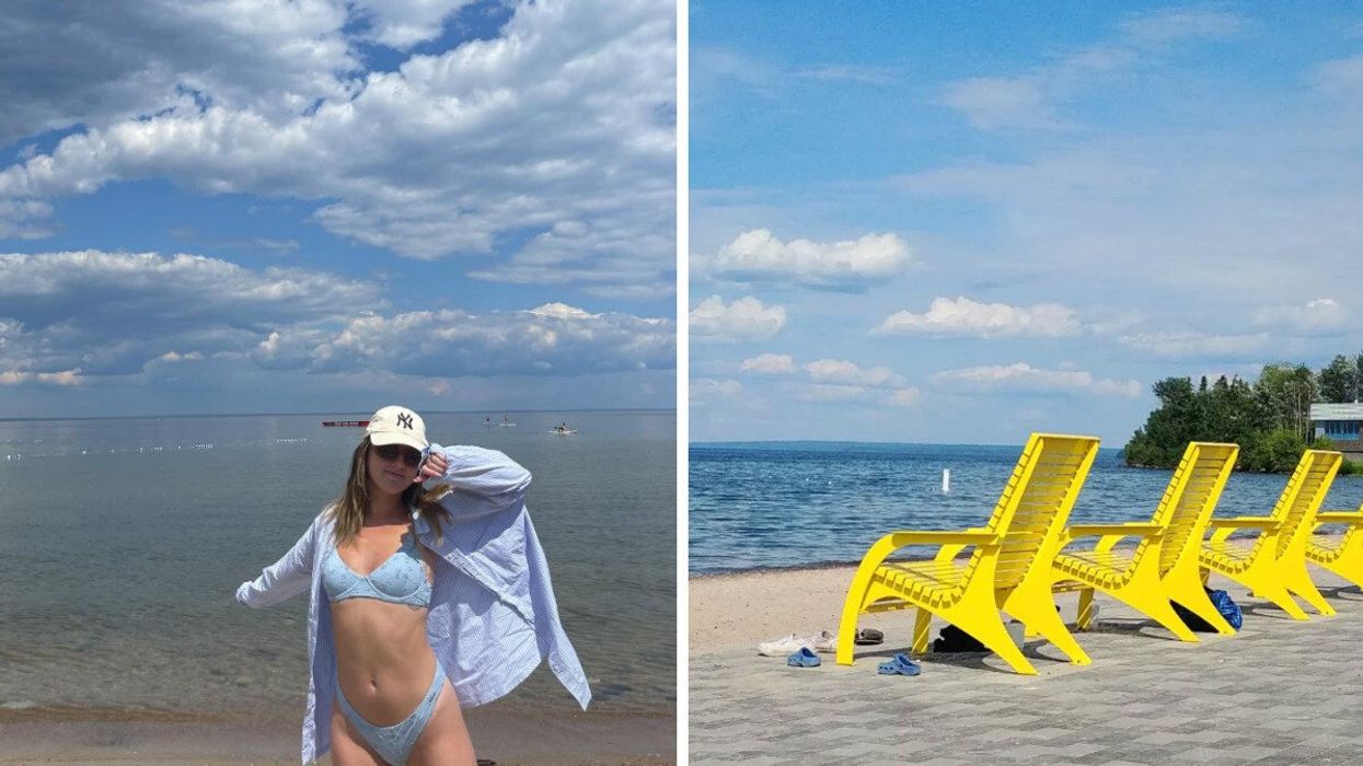 Person by the water. RIght: Chairs by the water.