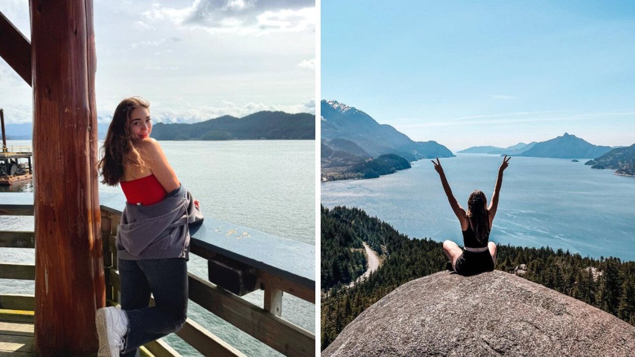 Person by the water. Right: Someone on a hike.
