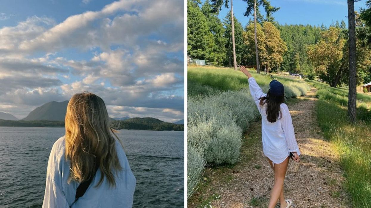 Person by the water. Right: Someone walking through a flower field.