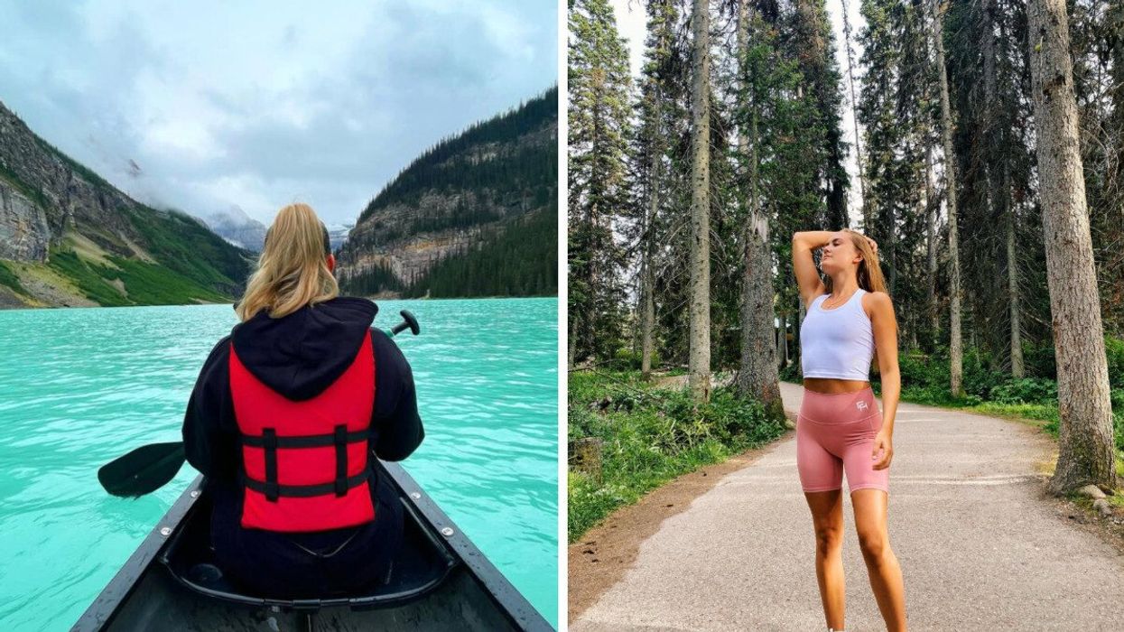 Person canoeing on a lake. Right: Someone on a trail.