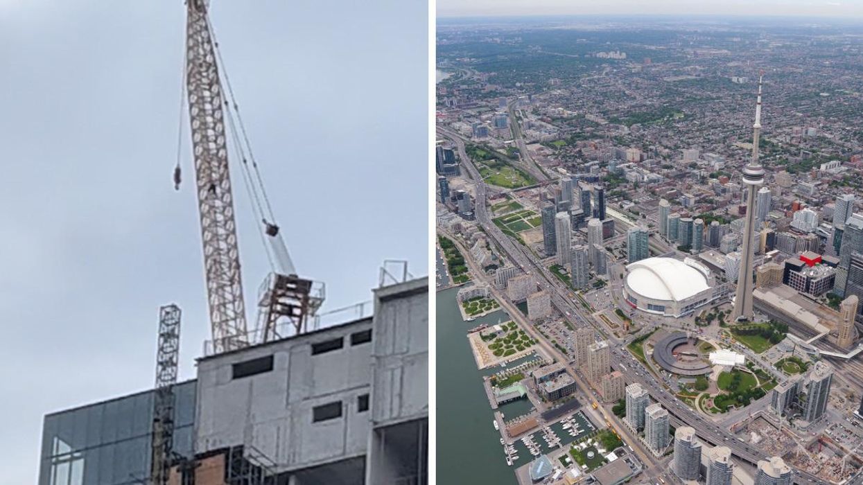 Person climbing on a crane. Right: Bird's eye view of Toronto.