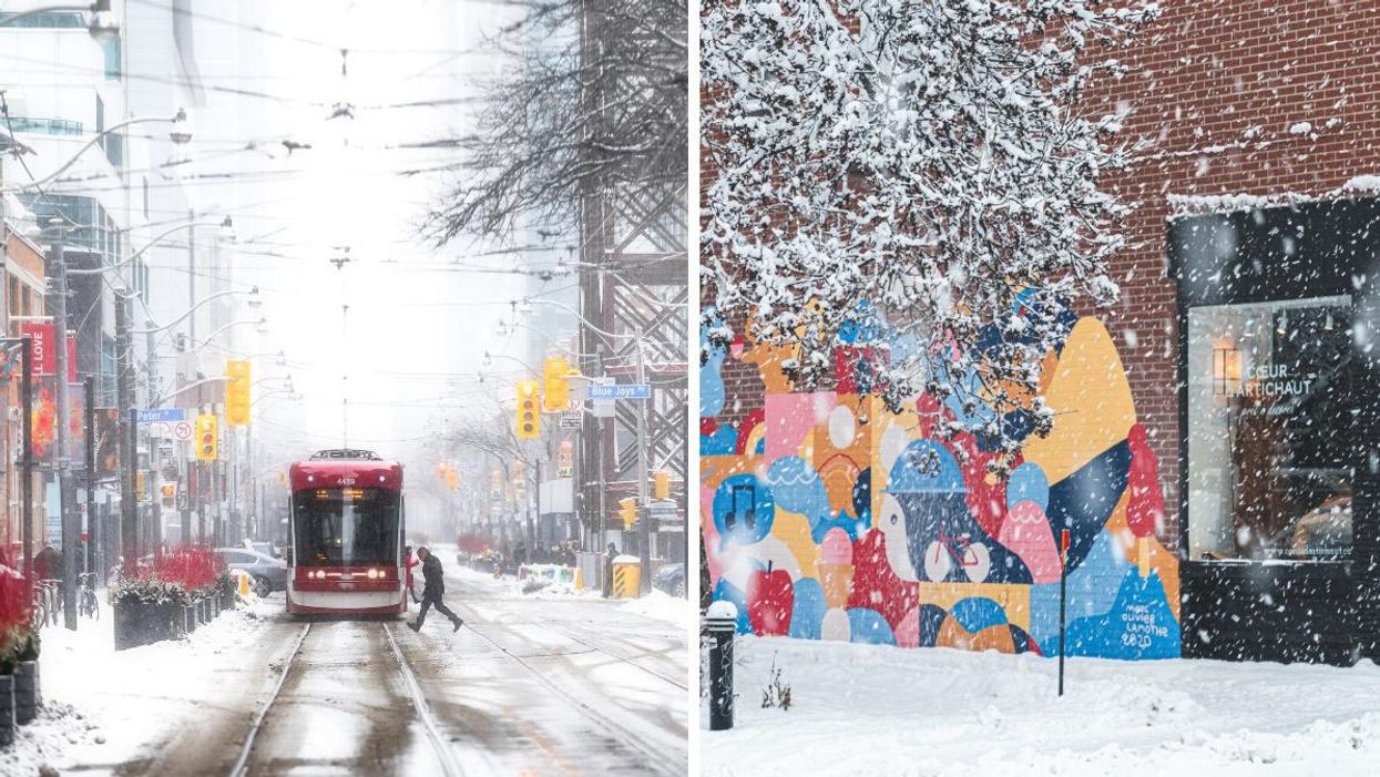 Person crossing a snowy street in front of a streetcar in Toronto. Right: Montreal during a snowstorm.