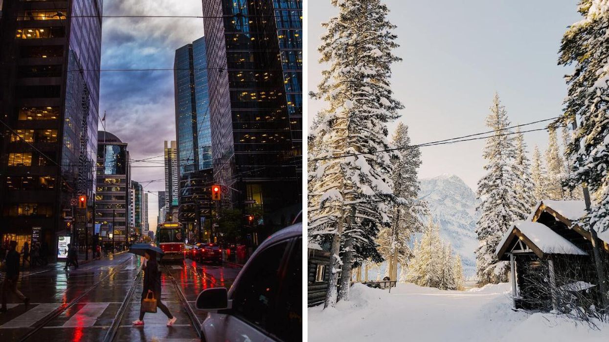 Person crossing a street in Toronto while it rains. Right: Snow-covered cabin in Alberta with a mountain behind it.