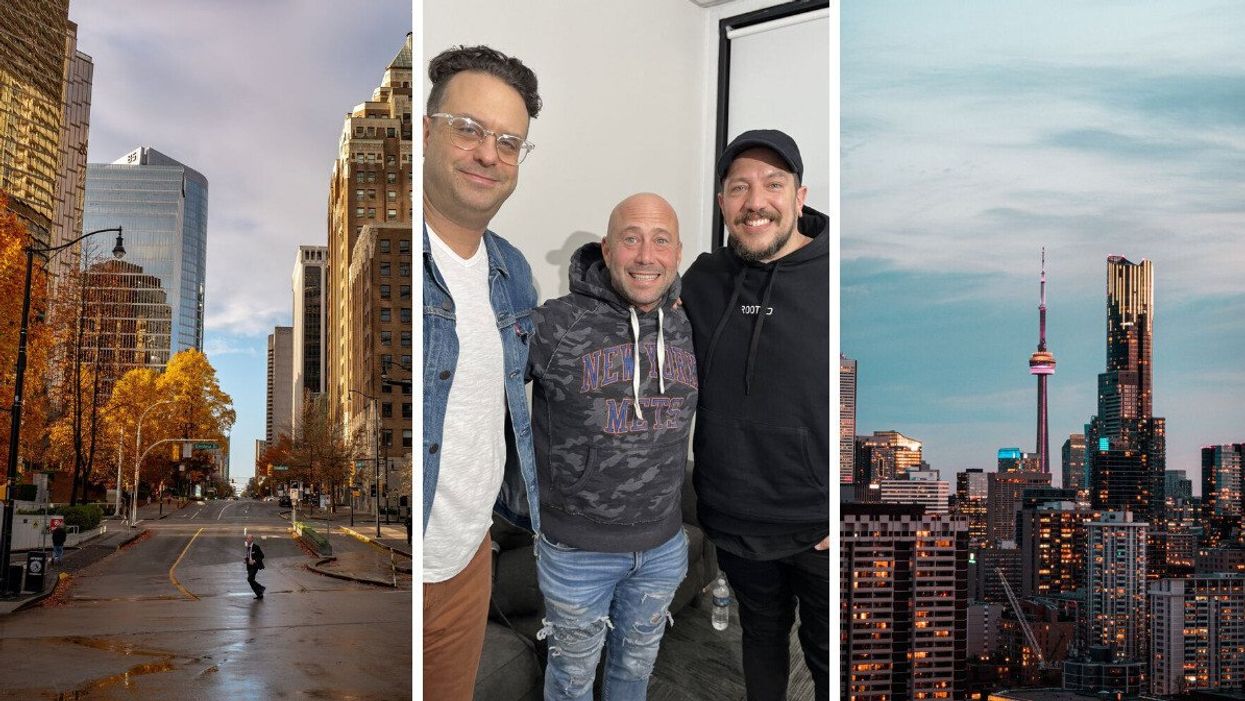 Person crossing a street in Vancouver. Centre: Joe DeRosa, Aaron Berg and Sal Vulcano. Right: Toronto skyline.