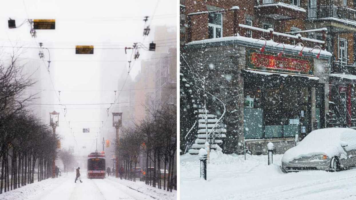 person crossing snow covered street in toronto. right: parked car on a street in montreal during snowstorm