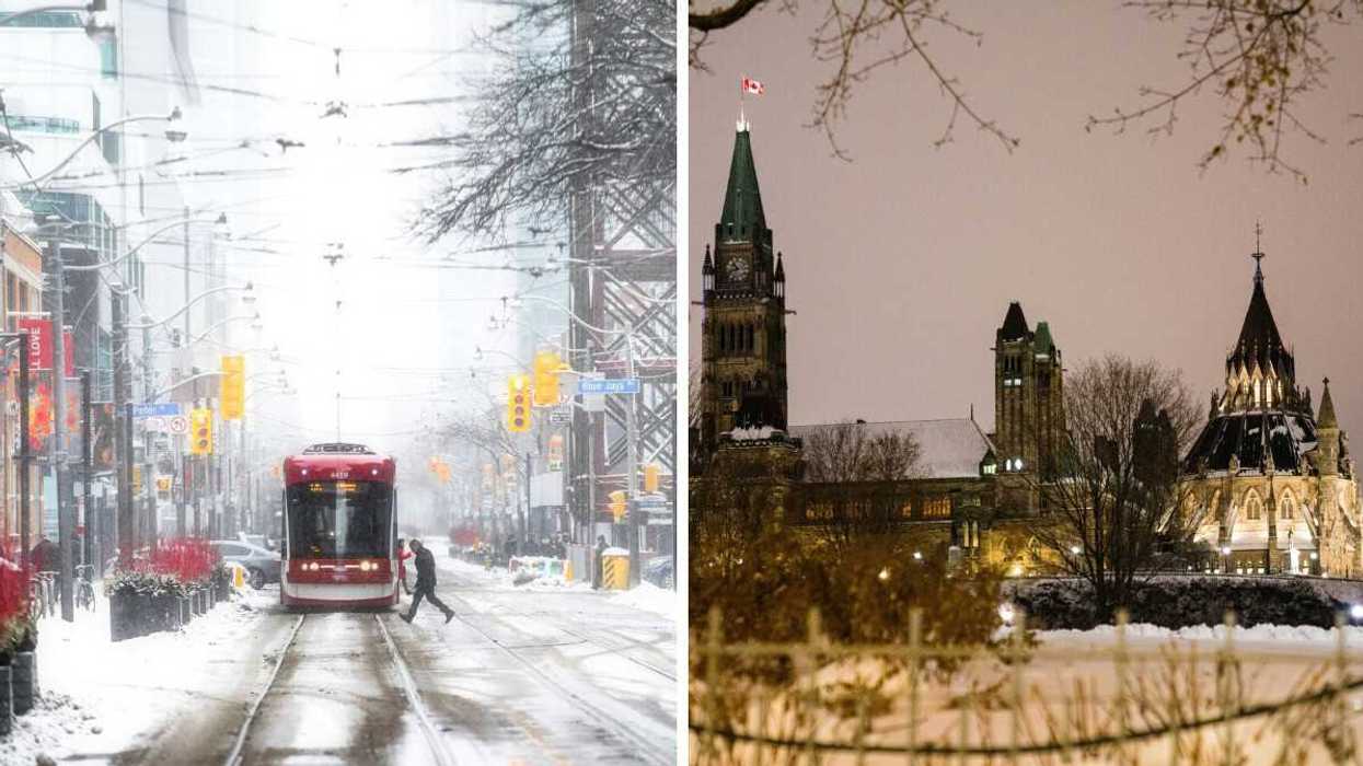 person crossing snow covered toronto street in front of streetcar. right: parliament buildings in ottawa during winter