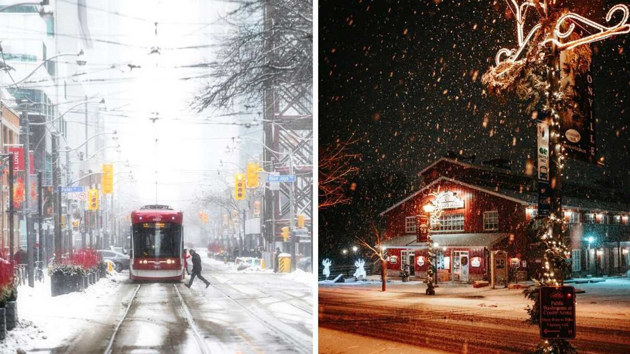 person crossing street in front of a streetcar in toronto. right: snow-covered street at night in unionville, ontario