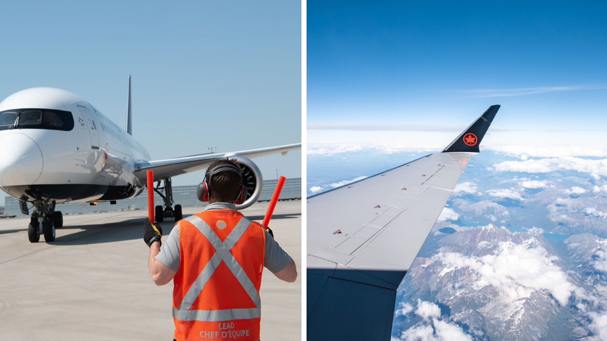 Person directing a plane. Right: View from Air Canada flight window.