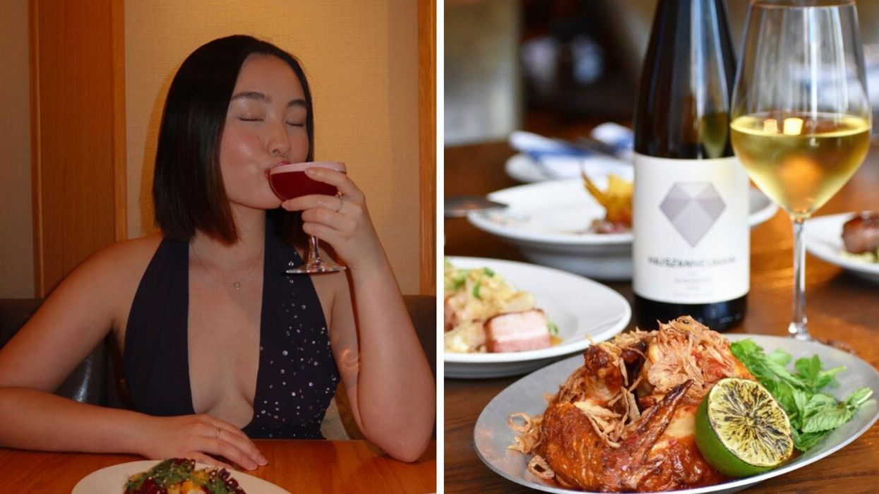 Person drinking a cocktail. Right: A dinner plate with food.