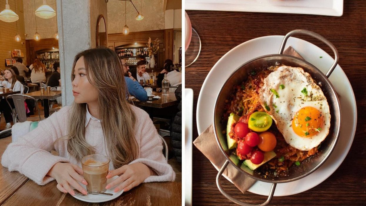 Person drinking a coffee at a restaurant. Right: A brunch dish.