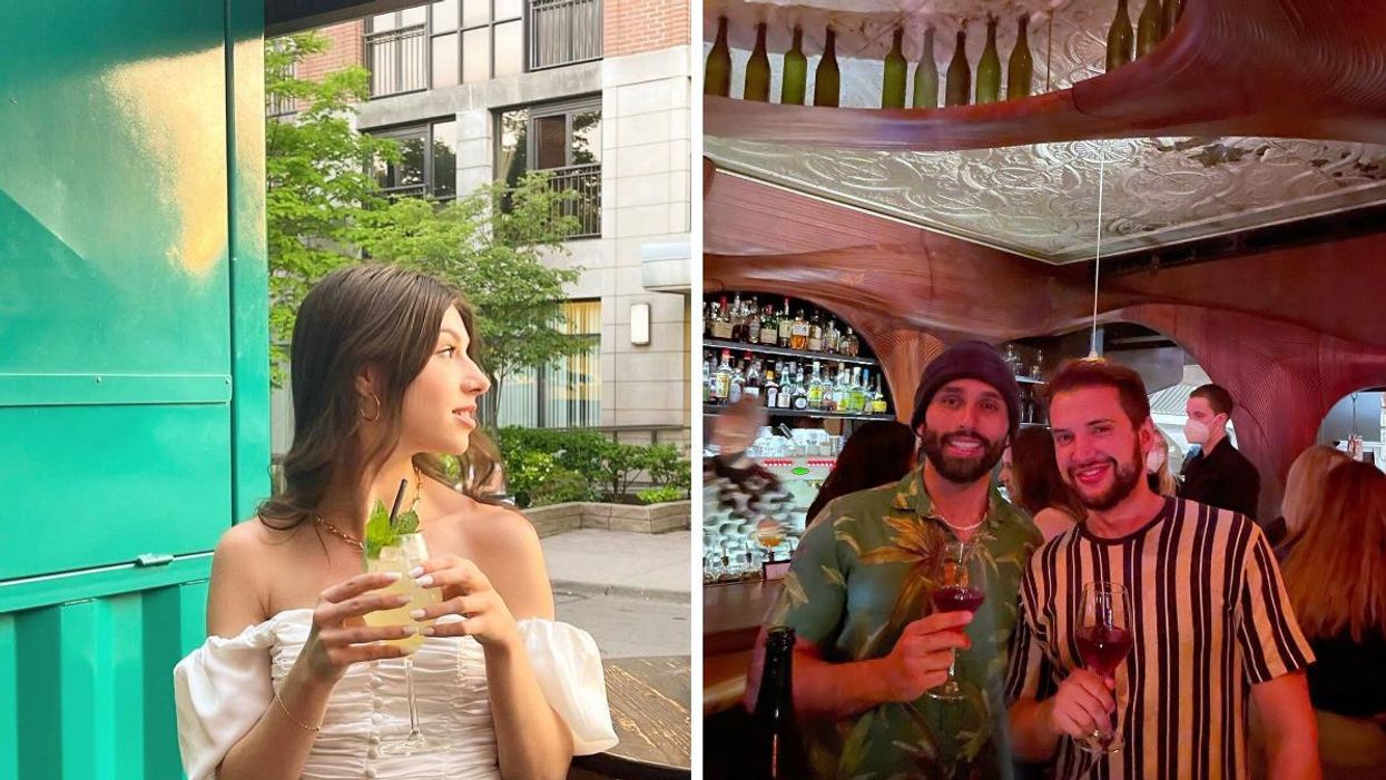Person drinking a summery drink while looking outside. Right: Two people enjoying Bar Raval with a drink in their hand.