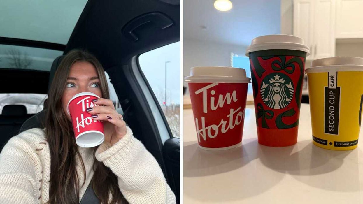 Person drinking coffee from a Tim Hortons cup. Right: Three coffees from Starbucks, Tims and Second Cup.