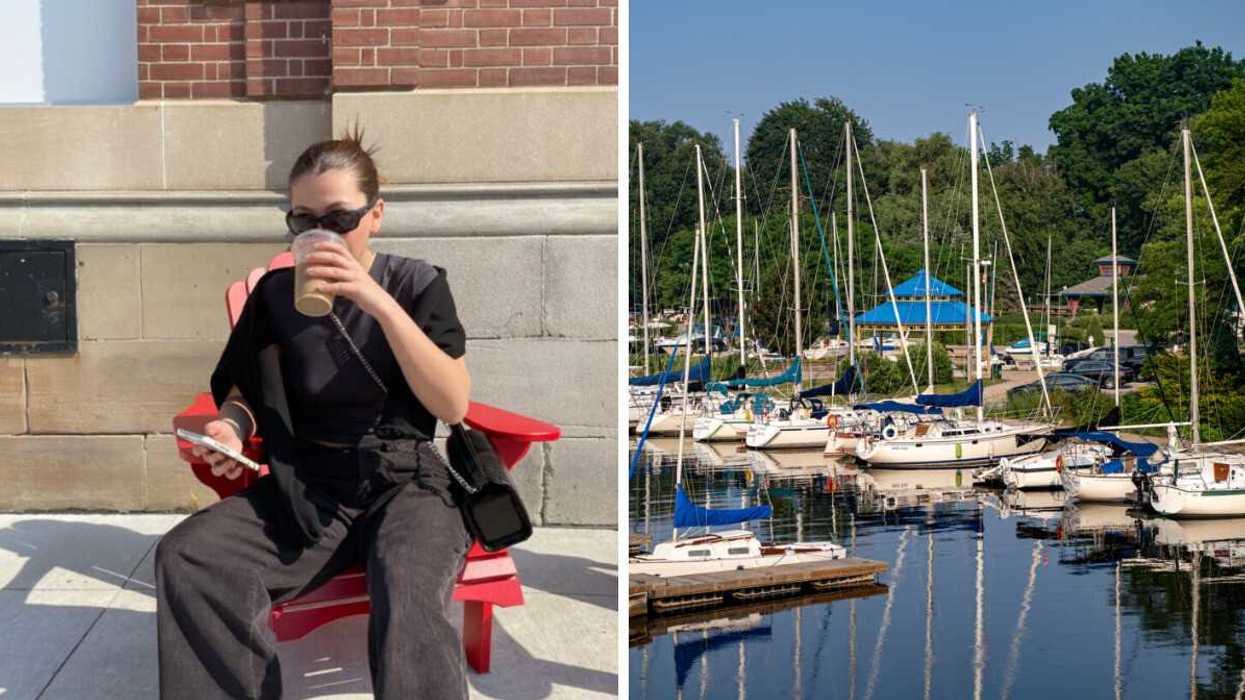 Person drinking coffee. Right: Oakville harbour.
