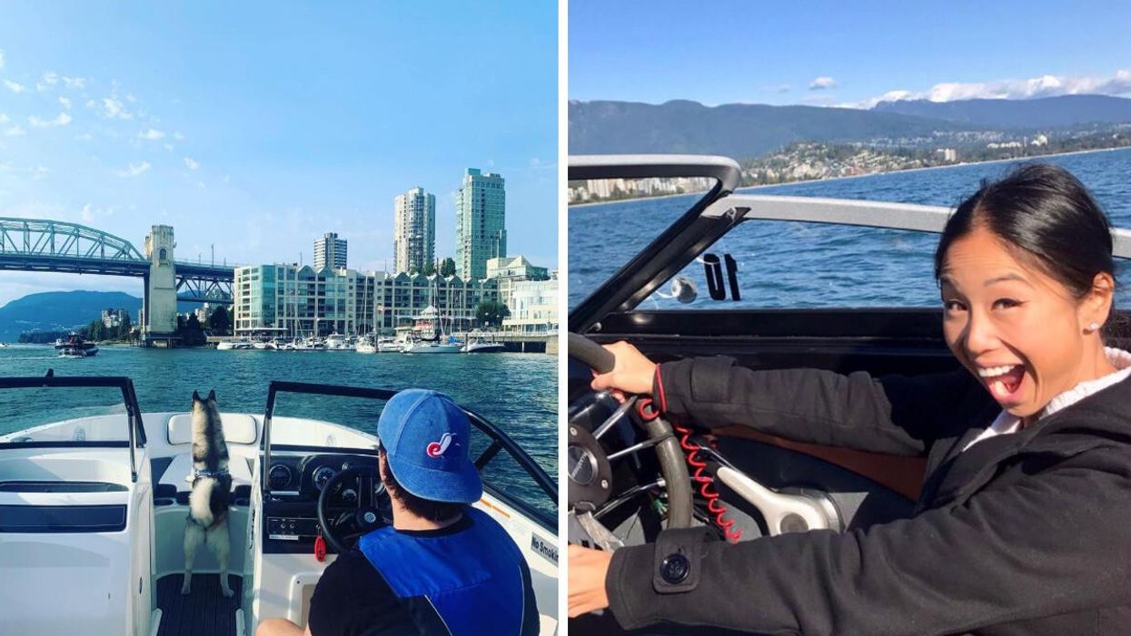 Person driving a boat in Vancouver, B.C. Right: Someone driving a boat.