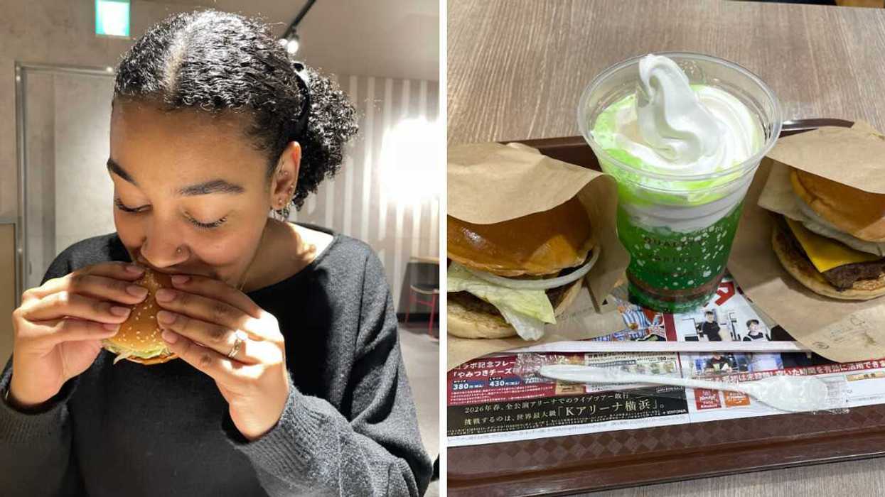 Person eating a burger. Right: A McDonalds Japan meal.