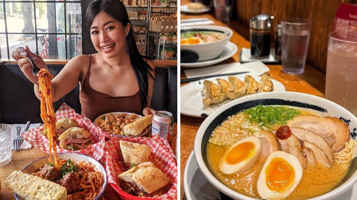 Person eating at a restaurant. Right: A bowl of food.
