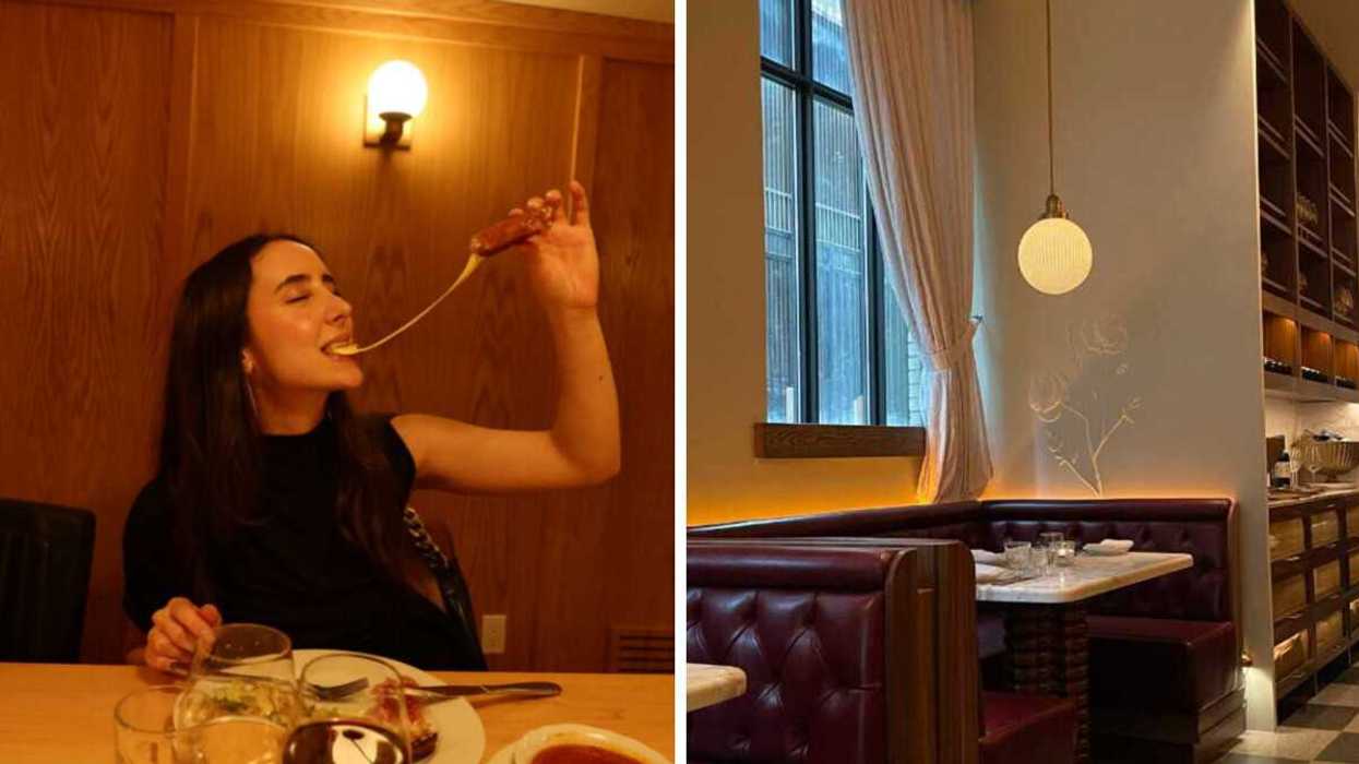 Person eating at a Toronto restaurant. Right: A restaurant.