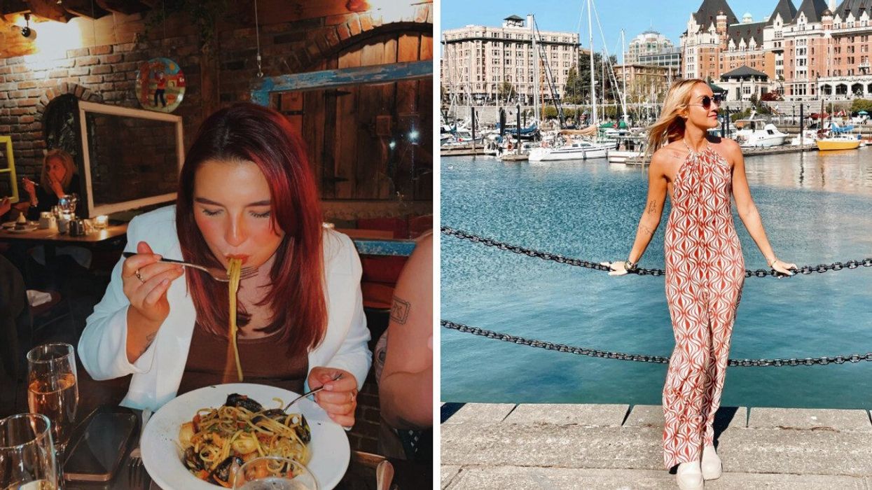 Person eating in a restaurant. Right: Victoria BC.