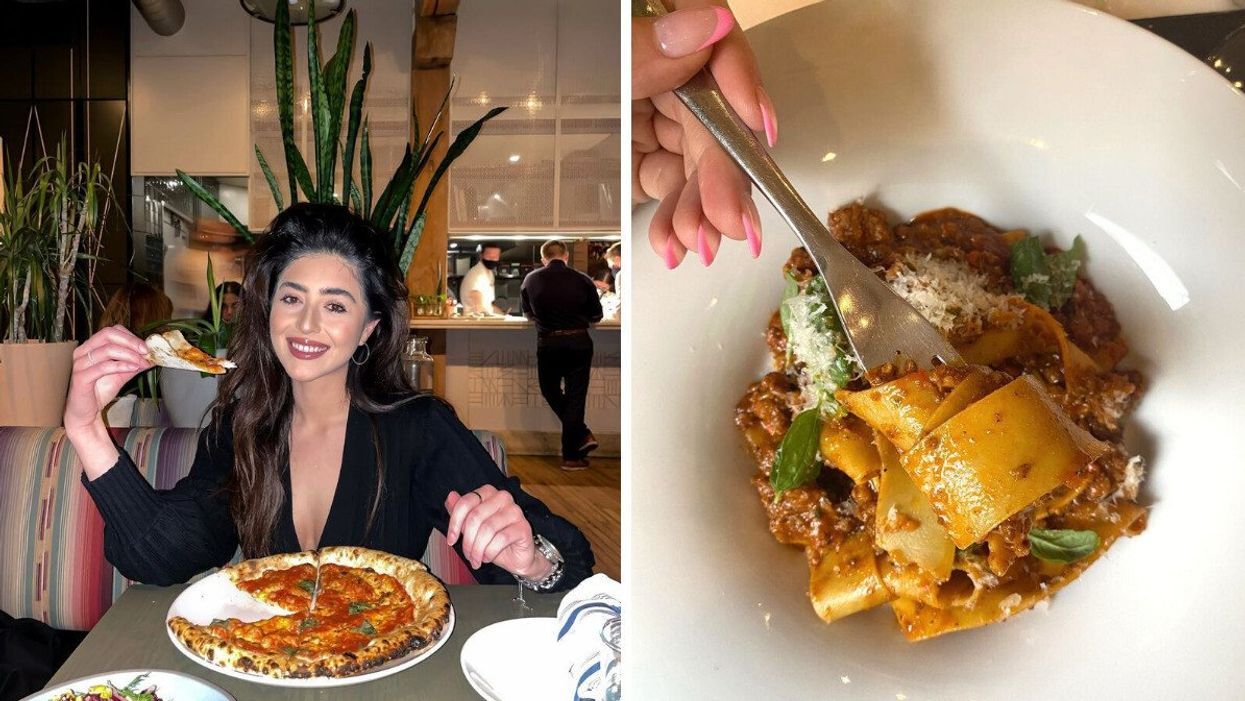 Person eating pizza at Bridgette Bar. Right: Bowl of papparedelle at Teatro restaurant.