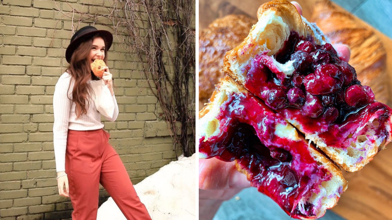 Person eating something in Toronto. Right: A blueberry lavender lemonade danish at Hadrien Verrier Patisserie in Toronto.