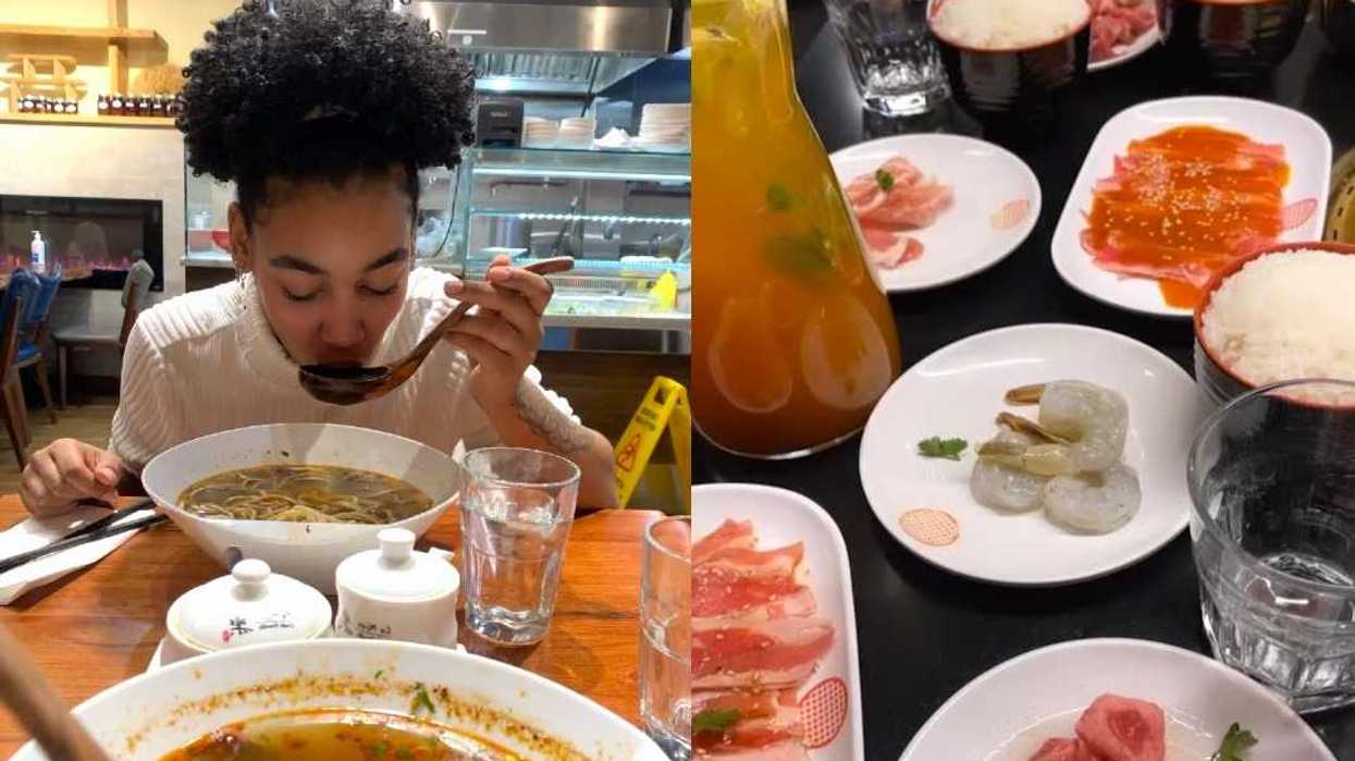 Person eating soup with a spoon at Le Mein Craft Noodle, with the restaurant interior visible in the background, Right: Table at Gyubee Japanese BBQ with assorted plates of meat, shrimp, rice, and a pitcher of drinks.