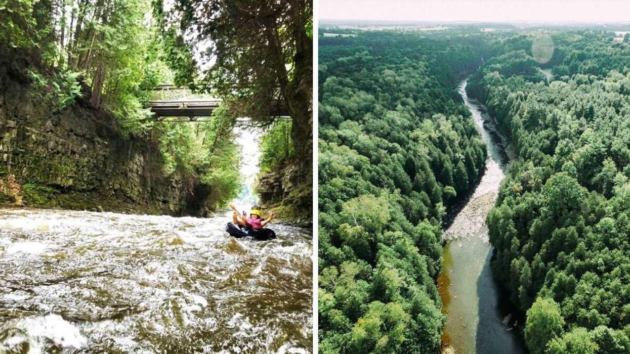 Person floating down a river in a tube. Right: Elora Gorge in Ontario.
