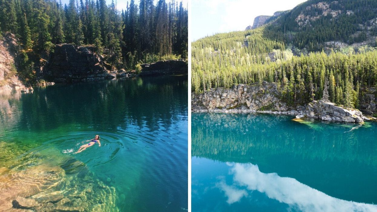 Person floating in a lake. Right: A blue water lake.