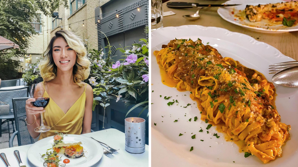 Person having a meal at George Restaurant in Toronto. Right: Meal at Giulietta in Toronto.
