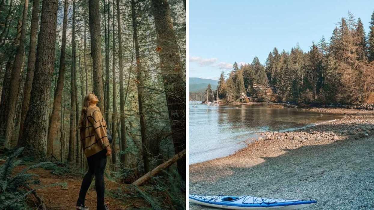 Person hiking in North Vancouver's Lynn Canyon Park. Right: A kayak on abeach in Deep Cove.