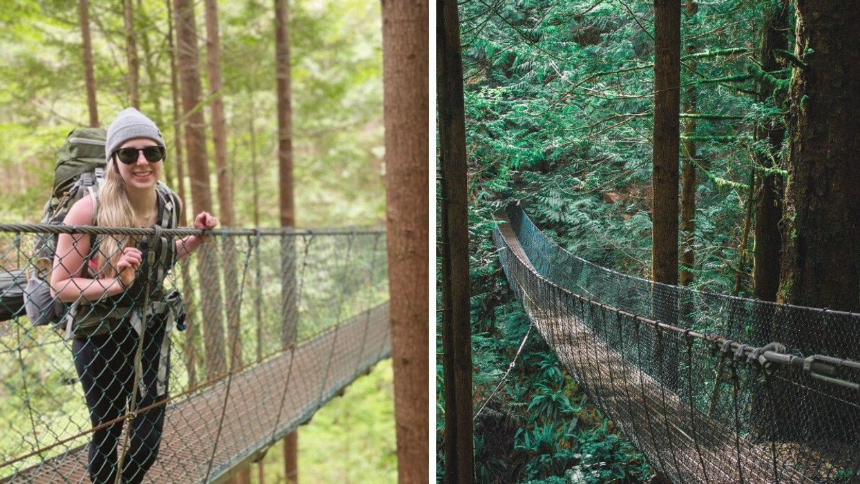 Person hiking the Juan de Fuca Trail. Right: Loss Creek Suspension Bridge.