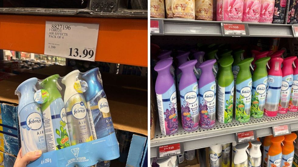 person holdin pack of febreeze spray bottles at costco. right: febreeze spray bottles at walmart