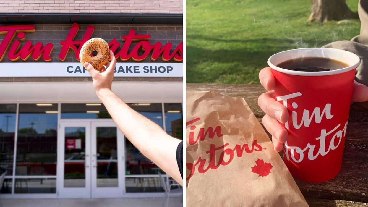 Person holding a bagel in front of a Tim Hortons location. Right: Tim Hortons coffee cup and baked good bag.